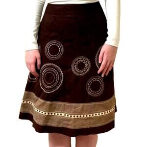 Vintage Talbots 100% Linen Skirt Knee Length Geometric Embroidered Brown 2 28"